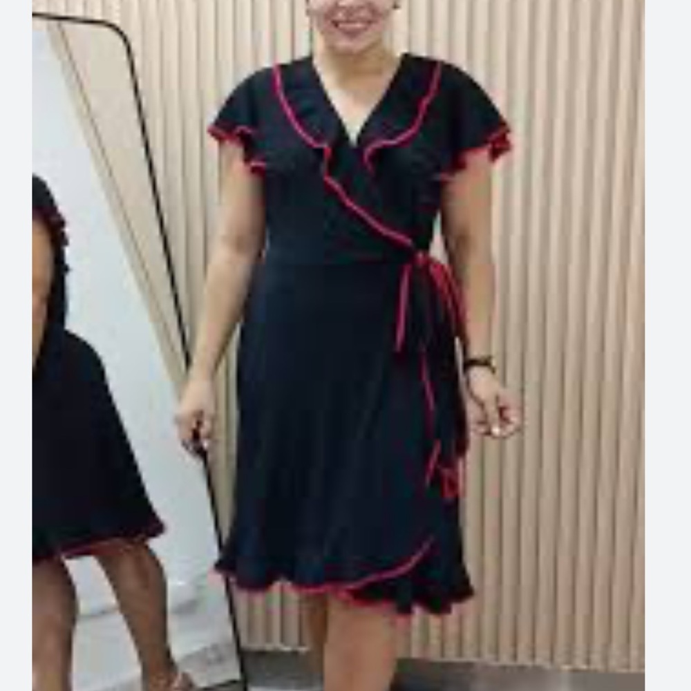 East 5th Black Mock Wrap Dress‎ with Red Trim